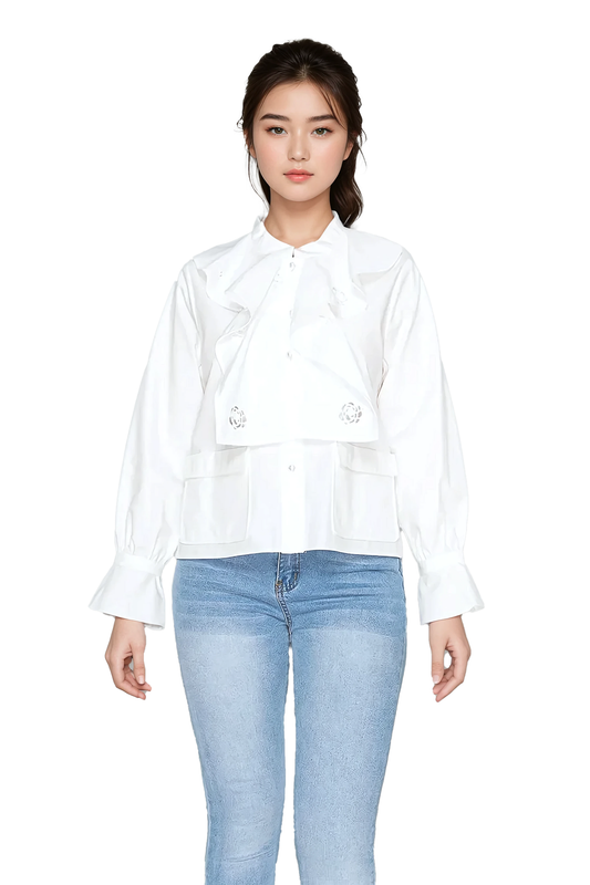Women's white blouse with ruffled neckline and delicate eyelet details – Korean fashion 