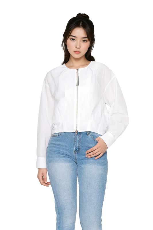 Women's Cropped white blouse with full zip closure - Korean Fashion