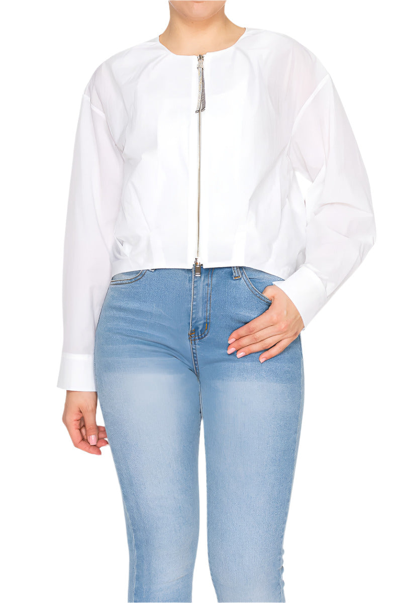 Women's Cropped white blouse with full zip closure - Korean Fashion