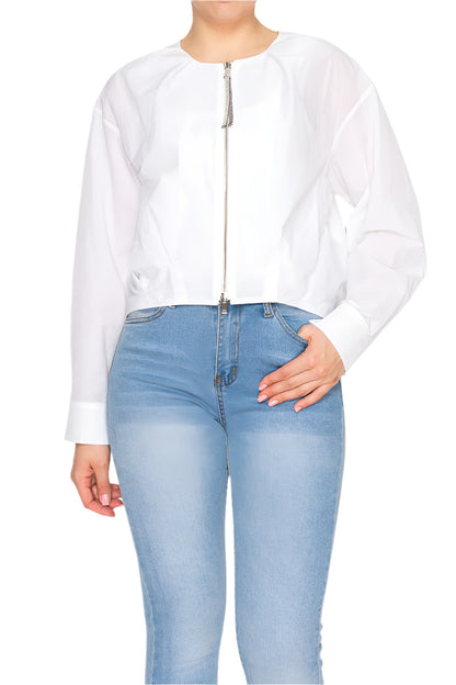Women's Cropped white blouse with full zip closure - Korean Fashion