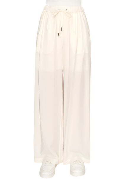 White flowy wide-leg pants with drawstring waist - Korean Fashion