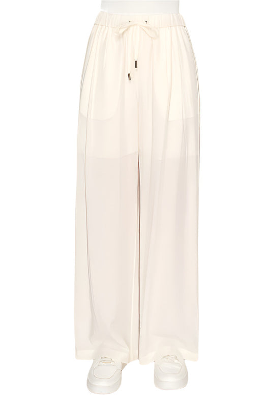 White flowy wide-leg pants with drawstring waist - Korean Fashion