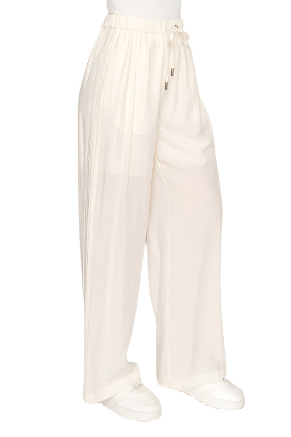 White flowy wide-leg pants with drawstring waist - Korean Fashion