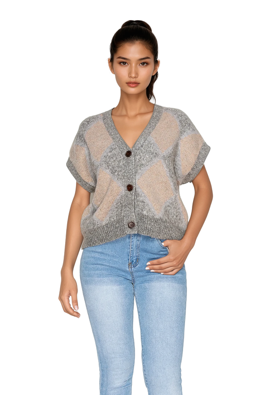 Women's argyle pattern cardigan vest - Korean Fashion