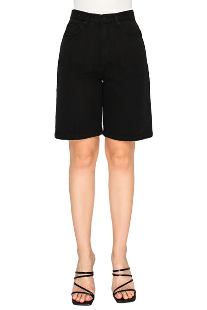 Women’s High-Waisted Black Denim Bermuda Shorts - Korean Fashion