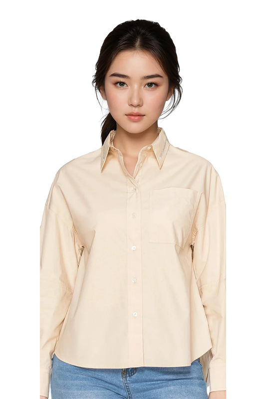 [Nabi] Women’s Oversized Beige Button-Up Shirt with Embellished Collar