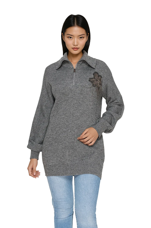 Half-zip ribbed knit sweater for women - Korean Fashion