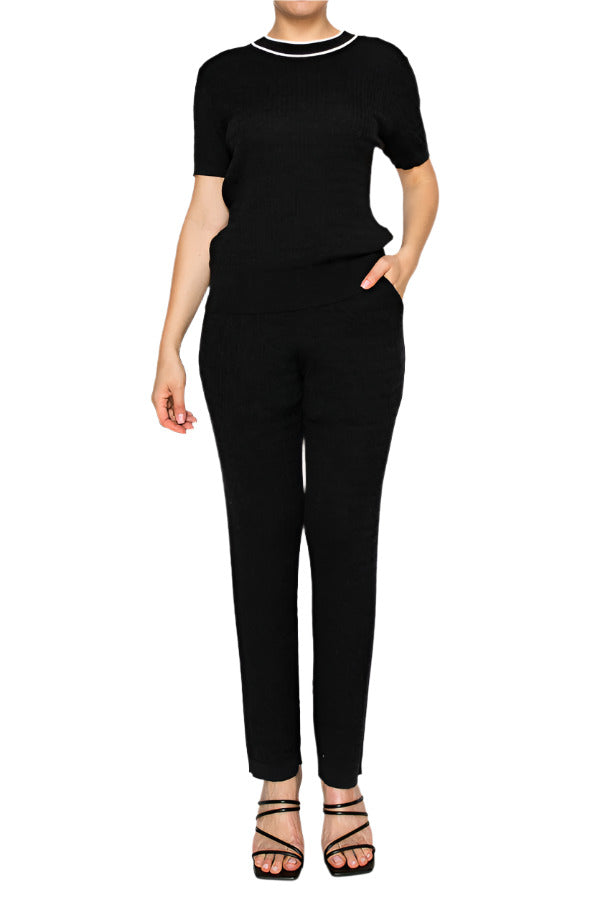 Women's black ribbed knit matching set - Korean Fashion