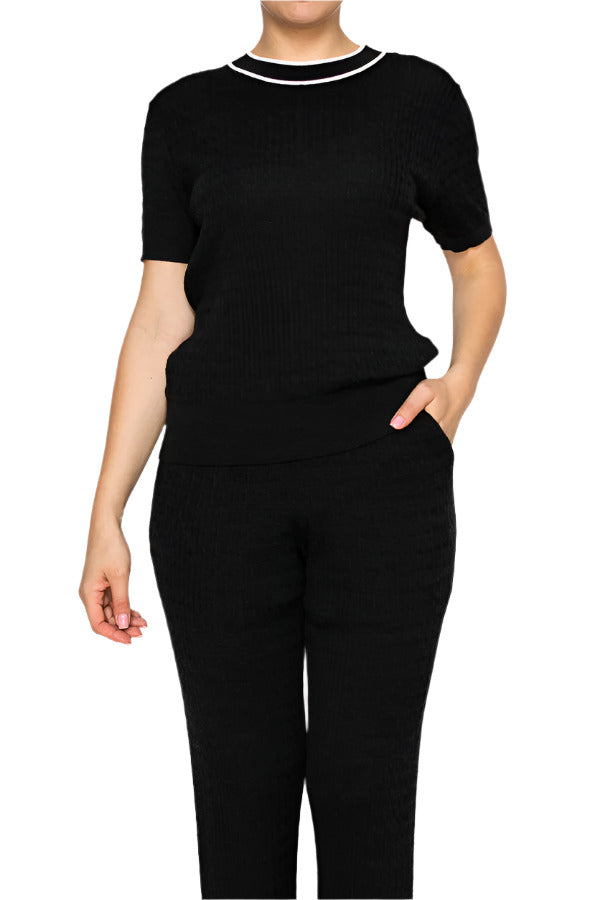 Women's black ribbed knit matching set - Korean Fashion