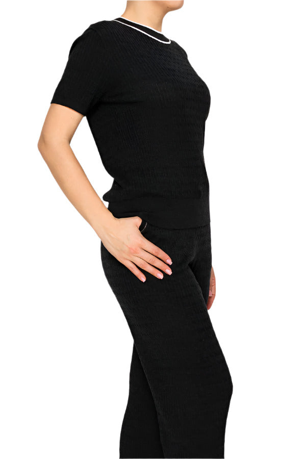 Women's black ribbed knit matching set - Korean Fashion